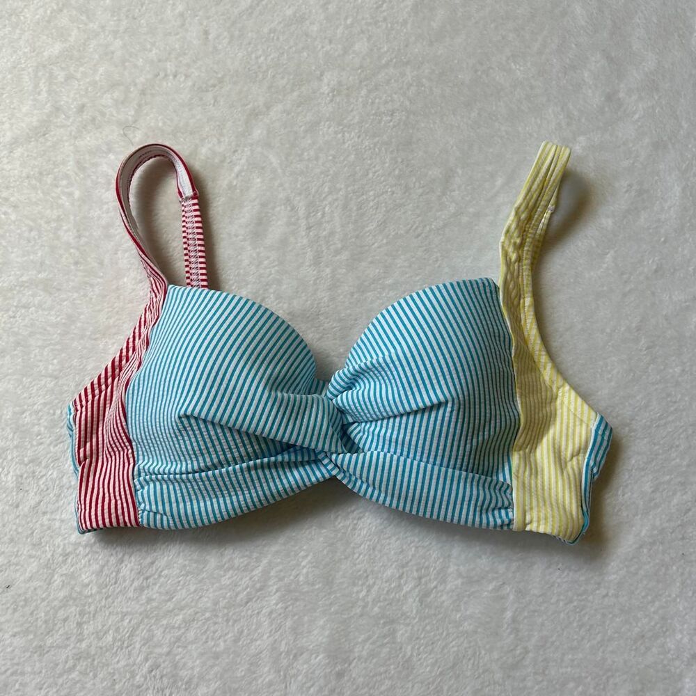 Land's End Blue red yellow striped seersucker bikini top built in bra women's 6